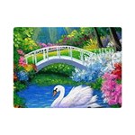 Swan Bird Spring Flowers Trees Lake Pond Landscape Original Aceo Painting Art Premium Plush Fleece Blanket (Mini) 35 x27  Blanket Front