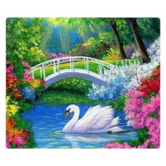 Swan Bird Spring Flowers Trees Lake Pond Landscape Original Aceo Painting Art Premium Plush Fleece Blanket (small) by Ket1n9