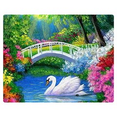 Swan Bird Spring Flowers Trees Lake Pond Landscape Original Aceo Painting Art Premium Plush Fleece Blanket (medium) by Ket1n9