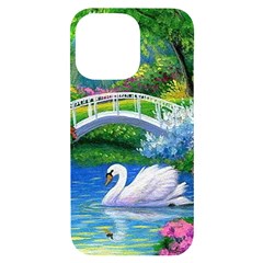 Swan Bird Spring Flowers Trees Lake Pond Landscape Original Aceo Painting Art Iphone 14 Pro Max Black Uv Print Case by Ket1n9