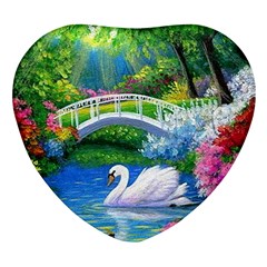 Swan Bird Spring Flowers Trees Lake Pond Landscape Original Aceo Painting Art Heart Glass Fridge Magnet (4 Pack) by Ket1n9