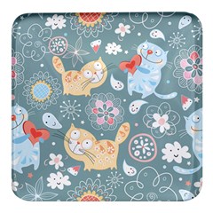 Cute Cat Background Pattern Square Glass Fridge Magnet (4 Pack) by Ket1n9