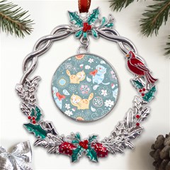 Cute Cat Background Pattern Metal X mas Wreath Holly Leaf Ornament by Ket1n9