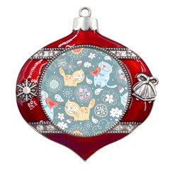 Cute Cat Background Pattern Metal Snowflake And Bell Red Ornament by Ket1n9