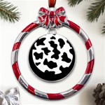 Animal-print-black-and-white-black Metal Red Ribbon Round Ornament Front