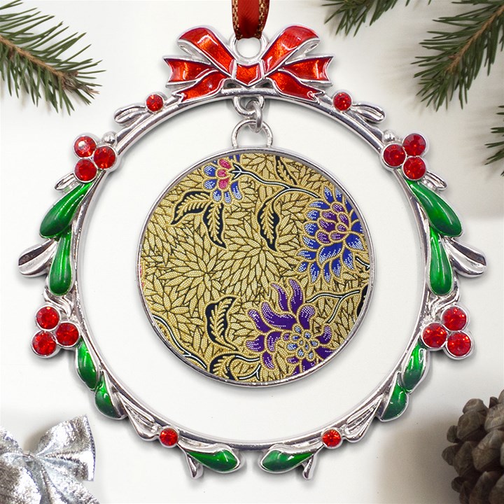 Traditional Art Batik Pattern Metal X mas Wreath Ribbon Ornament