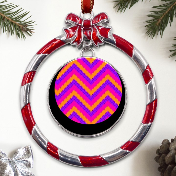 Chevron Metal Red Ribbon Round Ornament