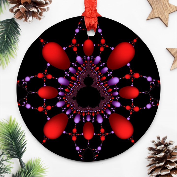 Fractal Red Violet Symmetric Spheres On Black Round Ornament (Two Sides)