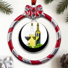 White-wine-red-wine-the-bottle Metal Red Ribbon Round Ornament by Ket1n9