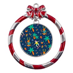 Colorful Funny Christmas Pattern Metal Red Ribbon Round Ornament by Ket1n9