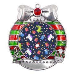 Colorful Funny Christmas Pattern Metal X mas Ribbon With Red Crystal Round Ornament