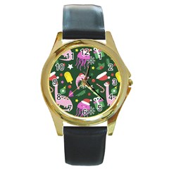 Dinosaur Colorful Funny Christmas Pattern Round Gold Metal Watch by Ket1n9