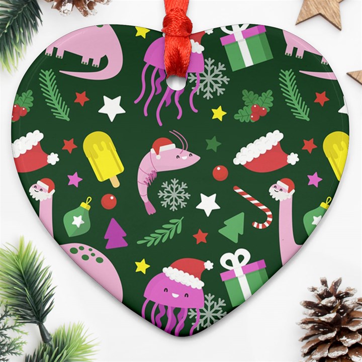 Dinosaur Colorful Funny Christmas Pattern Heart Ornament (Two Sides)