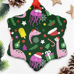 Dinosaur Colorful Funny Christmas Pattern Ornament (snowflake) by Ket1n9