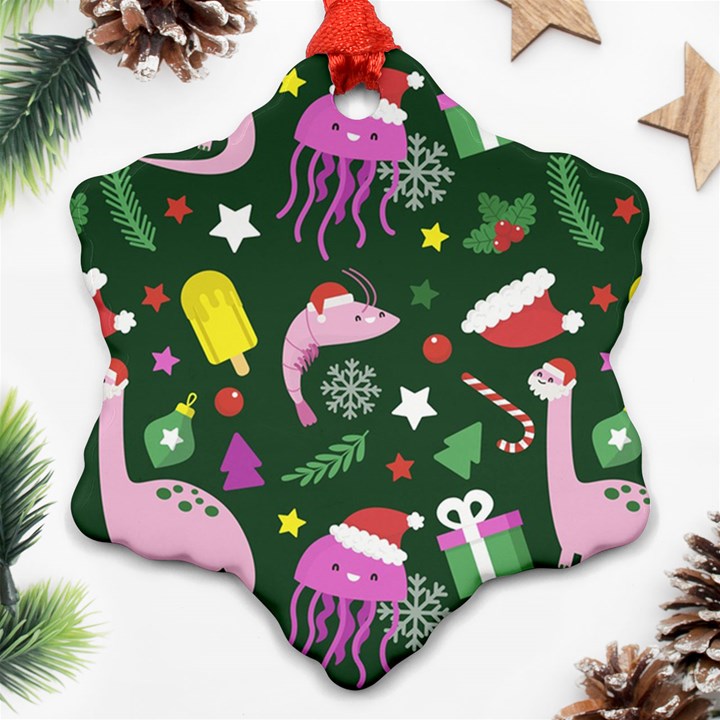 Dinosaur Colorful Funny Christmas Pattern Ornament (Snowflake)