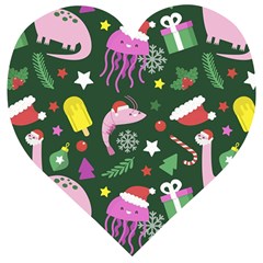 Dinosaur Colorful Funny Christmas Pattern Wooden Puzzle Heart by Ket1n9