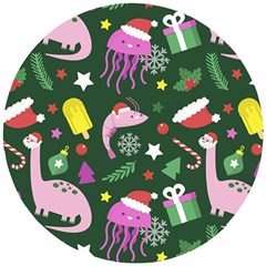 Dinosaur Colorful Funny Christmas Pattern Wooden Puzzle Round by Ket1n9