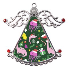 Dinosaur Colorful Funny Christmas Pattern Metal Angel With Crystal Ornament by Ket1n9