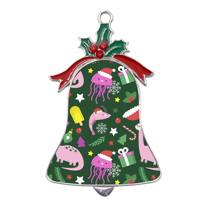 Dinosaur Colorful Funny Christmas Pattern Metal Holly Leaf Bell Ornament