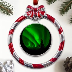 Aurora-borealis-northern-lights- Metal Red Ribbon Round Ornament by Ket1n9