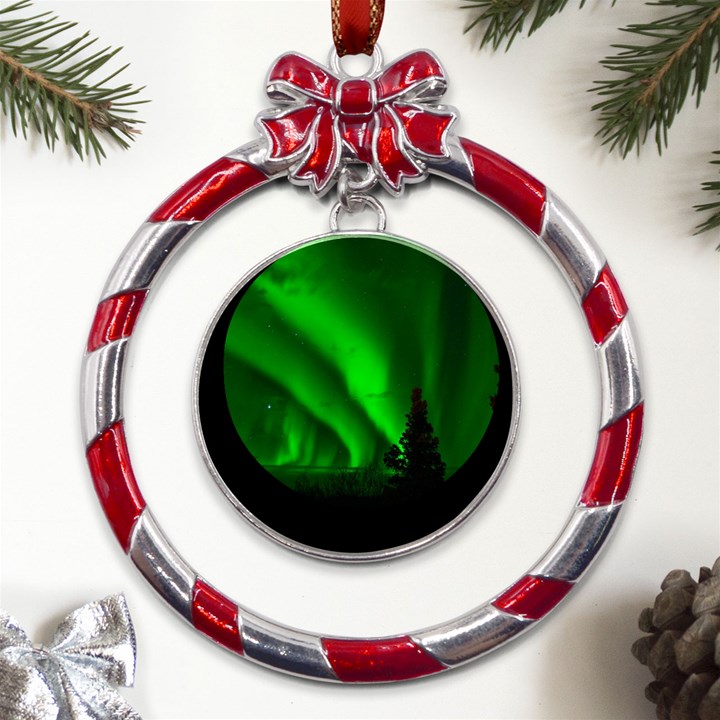 Aurora-borealis-northern-lights- Metal Red Ribbon Round Ornament