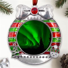 Aurora-borealis-northern-lights- Metal X mas Ribbon With Red Crystal Round Ornament by Ket1n9