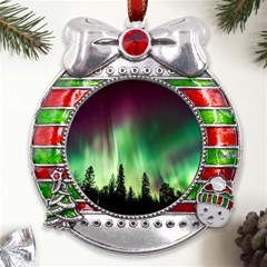 Aurora-borealis-northern-lights Metal X mas Ribbon With Red Crystal Round Ornament by Ket1n9