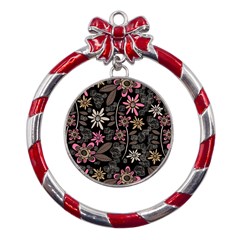 Flower Art Pattern Metal Red Ribbon Round Ornament by Ket1n9