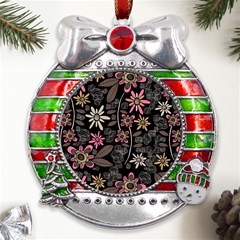 Flower Art Pattern Metal X mas Ribbon With Red Crystal Round Ornament by Ket1n9