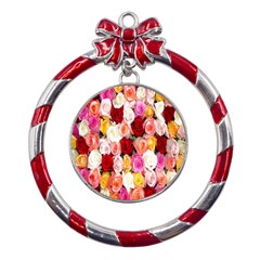 Rose Color Beautiful Flowers Metal Red Ribbon Round Ornament