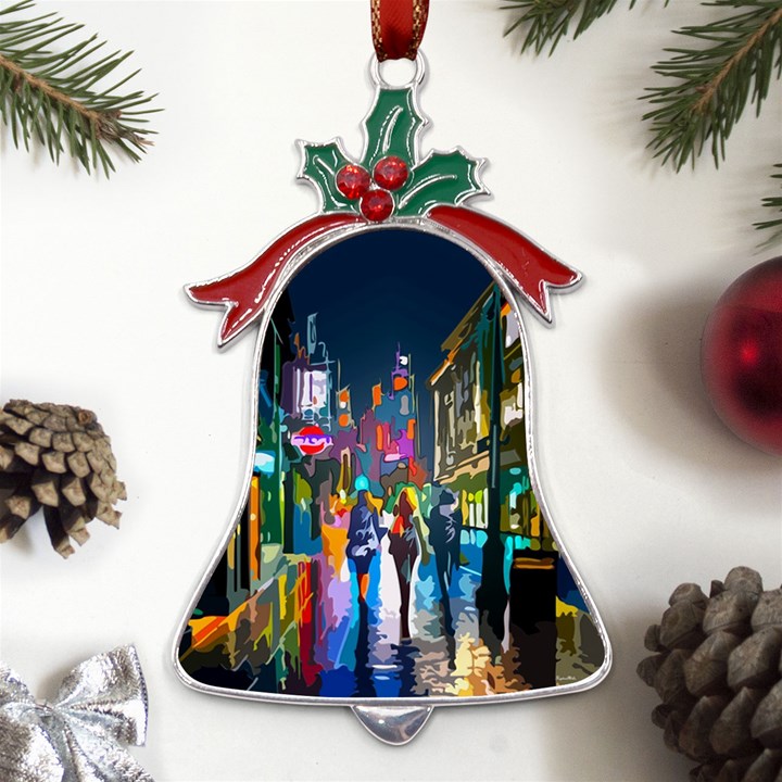 Abstract-vibrant-colour-cityscape Metal Holly Leaf Bell Ornament