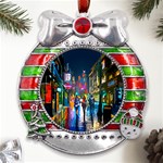 Abstract-vibrant-colour-cityscape Metal X Mas Ribbon With Red Crystal Round Ornament Front