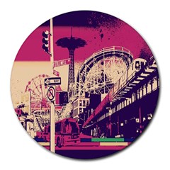 Pink City Retro Vintage Futurism Art Round Mousepad