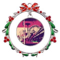 Pink City Retro Vintage Futurism Art Metal X mas Wreath Ribbon Ornament