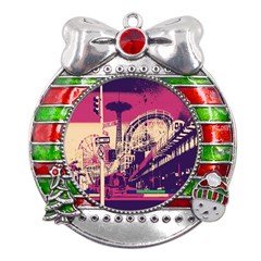 Pink City Retro Vintage Futurism Art Metal X Mas Ribbon With Red Crystal Round Ornament