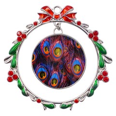 Pretty Peacock Feather Metal X mas Wreath Ribbon Ornament by Ket1n9