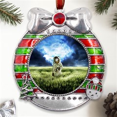 Astronaut Metal X mas Ribbon With Red Crystal Round Ornament by Ket1n9