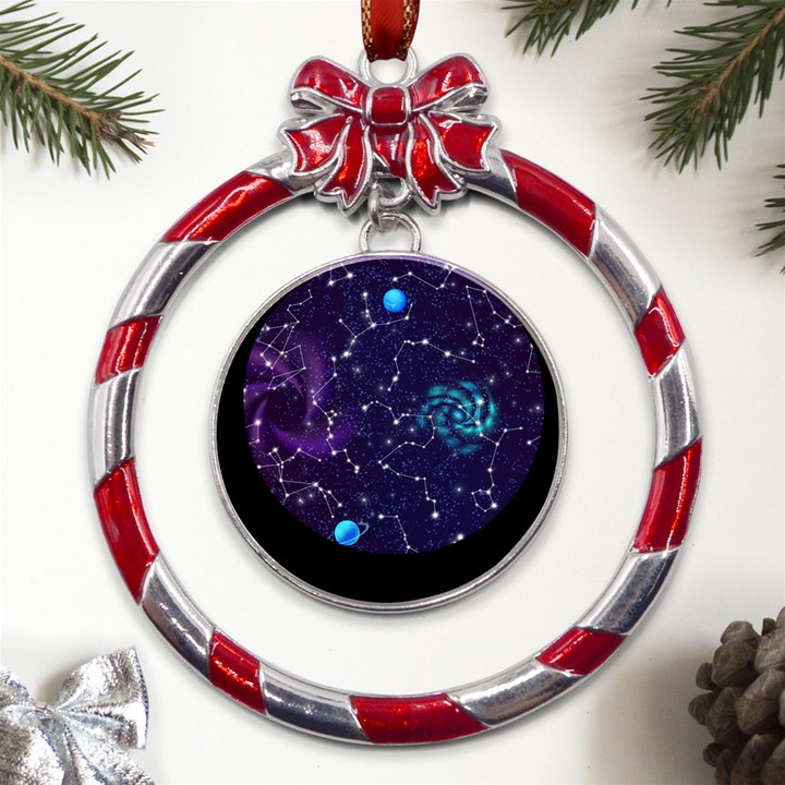 Realistic-night-sky-poster-with-constellations Metal Red Ribbon Round Ornament