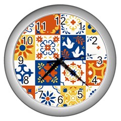 Mexican-talavera-pattern-ceramic-tiles-with-flower-leaves-bird-ornaments-traditional-majolica-style- Wall Clock (silver) by Ket1n9