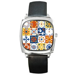 Mexican-talavera-pattern-ceramic-tiles-with-flower-leaves-bird-ornaments-traditional-majolica-style- Square Metal Watch by Ket1n9