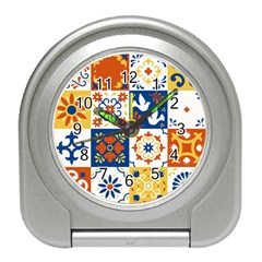 Mexican-talavera-pattern-ceramic-tiles-with-flower-leaves-bird-ornaments-traditional-majolica-style- Travel Alarm Clock by Ket1n9