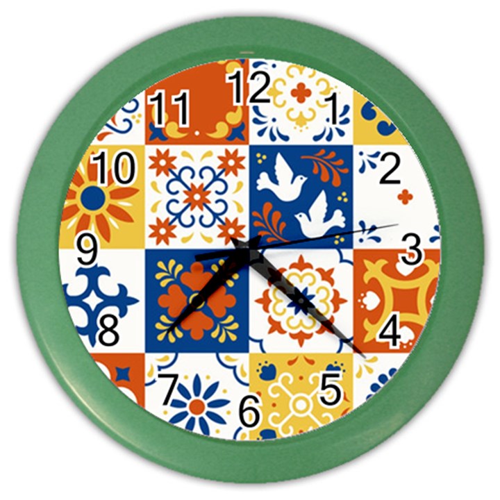 Mexican-talavera-pattern-ceramic-tiles-with-flower-leaves-bird-ornaments-traditional-majolica-style- Color Wall Clock