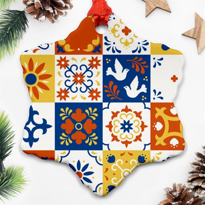 Mexican-talavera-pattern-ceramic-tiles-with-flower-leaves-bird-ornaments-traditional-majolica-style- Snowflake Ornament (Two Sides)