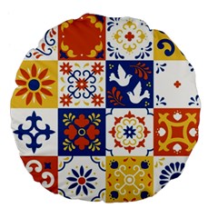 Mexican-talavera-pattern-ceramic-tiles-with-flower-leaves-bird-ornaments-traditional-majolica-style- Large 18  Premium Flano Round Cushions by Ket1n9