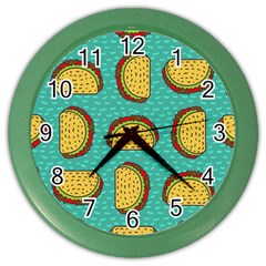 Taco-drawing-background-mexican-fast-food-pattern Color Wall Clock by Ket1n9