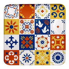 Mexican-talavera-pattern-ceramic-tiles-with-flower-leaves-bird-ornaments-traditional-majolica-style- Square Glass Fridge Magnet (4 Pack) by Ket1n9