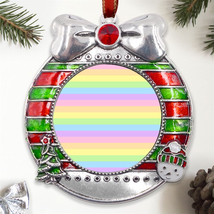 Cute Pastel Rainbow Stripes Metal X Mas Ribbon With Red Crystal Round Ornament