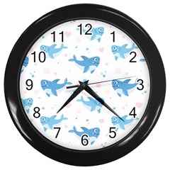 Seamless-pattern-with-cute-sharks-hearts Wall Clock (black) by Ket1n9