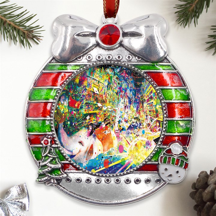 Multicolor Anime Colors Colorful Metal X Mas Ribbon With Red Crystal Round Ornament