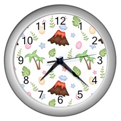 Cute-palm-volcano-seamless-pattern Wall Clock (silver) by Ket1n9